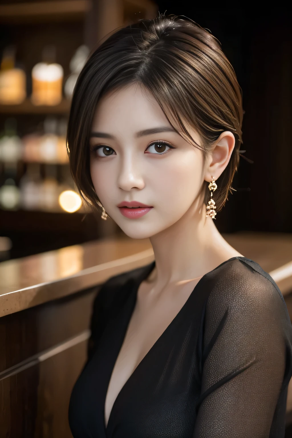 masterpiece, highest quality, Realistic, Very detailed, Finer details, High resolution, 8k wallpaper, One beautiful woman, Wear a black see-through shirt, A great bar counter, At night, Light brown unkempt short hair, Perfect dynamic composition, Beautiful and beautiful eyes、Big earrings、