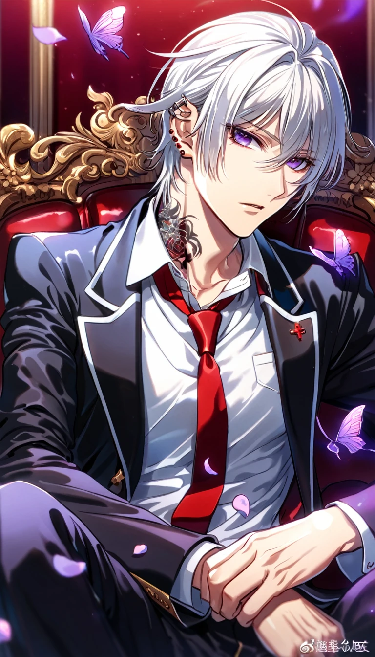 absurdres, highres, ultra detailed, HDR, master piece, best quality, Zero Kiryuu, white hair, short hair, expressive purple eyes, Vampire Knight, cross tatto on the neck, solo, sexy man, handsome, toned chest, black jacket, white shirt, red necktie, black pants, sitting, vampire knight uniform, ear piercing, cross, purple butterflies, petals, magical