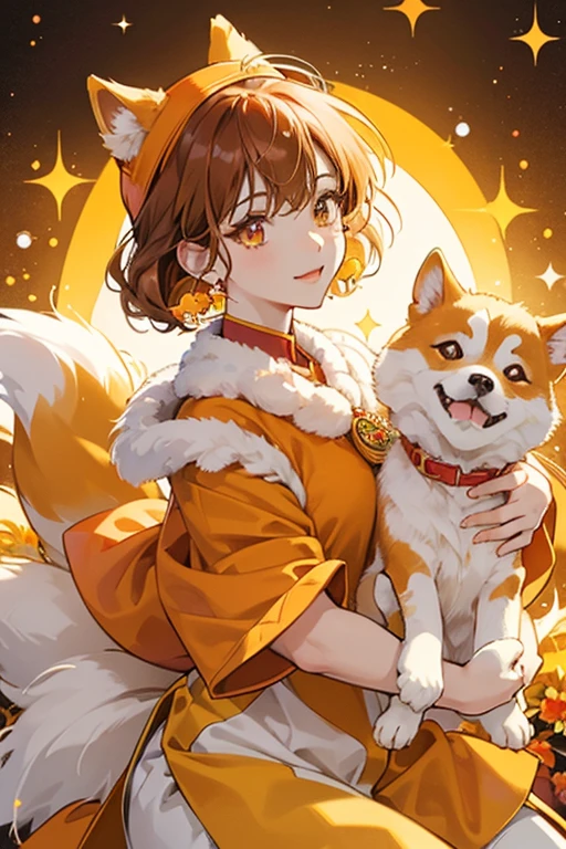 Kohaku is a girl Shiba Inu dog with cream yellow fur, white paws and tail stripe and her inner ears and spots above her eyes are colored light brown. Her Jewel Eyes are made out of orange and brown ambers. For her attire, she wears a red bandanna pinned with an orange flower-shaped amber jewel attached around her neck. SPARKLE; GLITTER