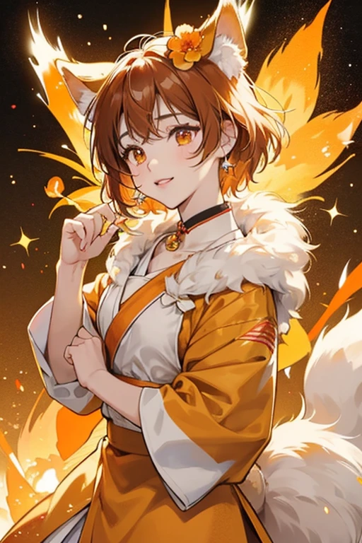 Kohaku is a girl Shiba Inu dog with cream yellow fur, white paws and tail stripe and her inner ears and spots above her eyes are colored light brown. Her Jewel Eyes are made out of orange and brown ambers. For her attire, she wears a red bandanna pinned with an orange flower-shaped amber jewel attached around her neck. SPARKLE; GLITTER