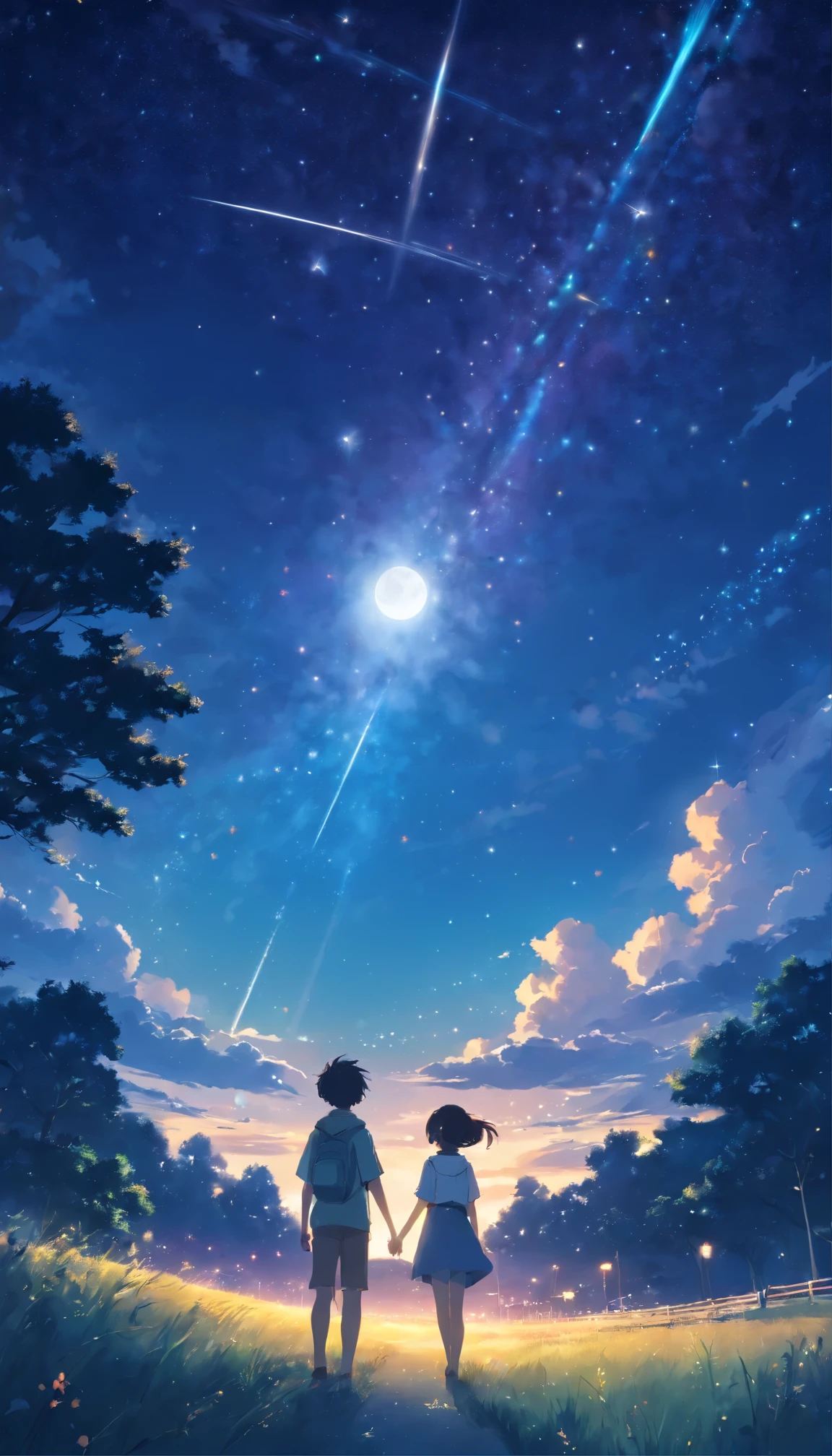 The night sky, starry sky, with a big moon in front of the screen full of screen, top quality, masterpiece, ultra high resolution, realistic, wonderful starry sky, star gazing, wide angle, big sky from the meadow,