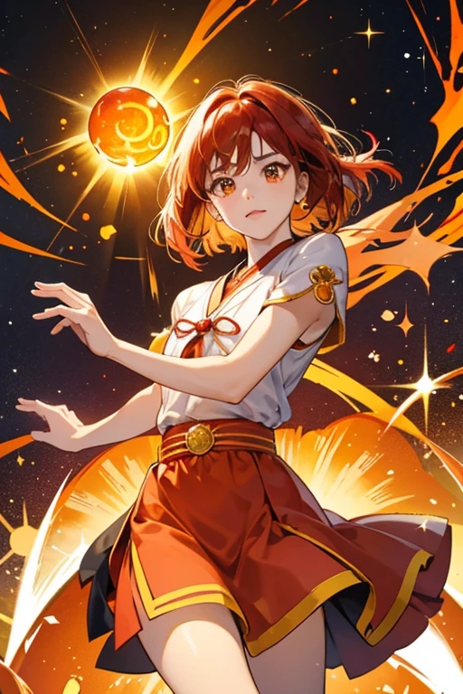Kohaku's Jewel Charm is oval-shaped. In the center is an orange amber gem shaped like a sun. It also has red and amber-colored decor and Kohaku's trademark red bandana at the top. SPARKLE; GLITTER
