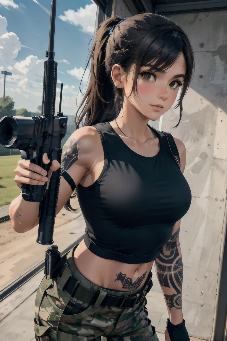 military girl, brown ponytail, black tshirt, baggy military camo pants, slim waist, best quality, indoor shooting range, practice, holding m4a1, sweating, after training, looking at viewer,tacticool, dwarfoil, Tattoos, holding colt 1911 in both hands pointed toward the sky, beautiful wood and steel colt 1911,
