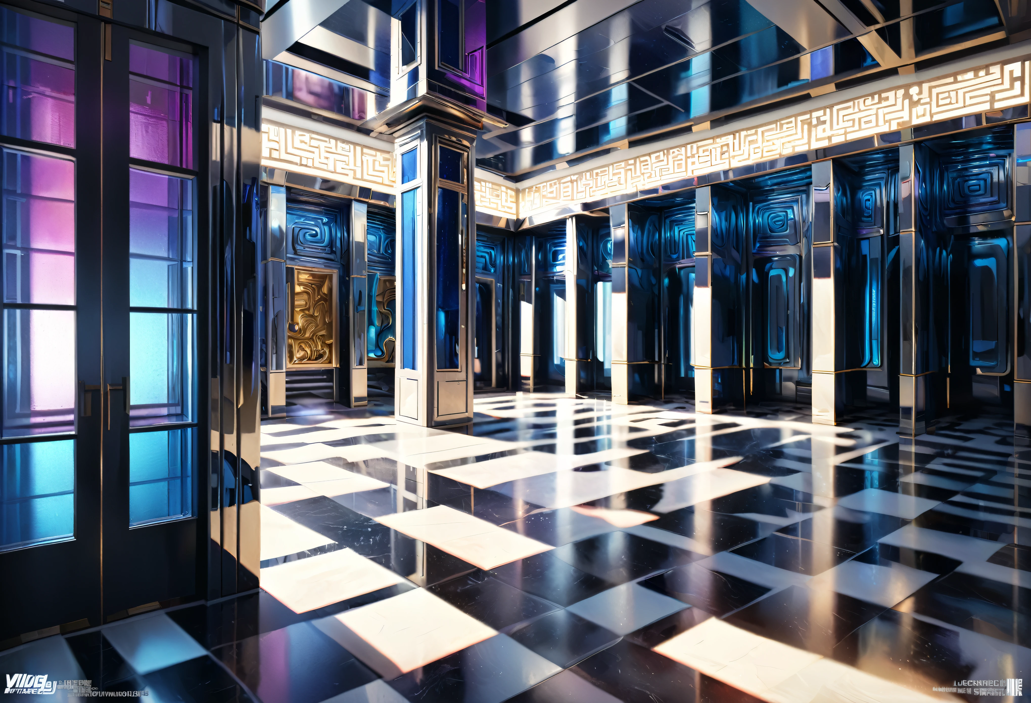 (best quality, 4k, 8k, highres, masterpiece:1.2), ultra-detailed, (realistic, photorealistic, photo-realistic:1.37), HDR, square pillar with a bismuth blue lead finish, square dividers evenly spaced within the frame, horizontal arrangement of the elements,corridor, maze-like patterns and unevenness in the structure, artistic texture with intricate details, detailed lighting and shadows to accentuate the three-dimensional effect, vivid and vibrant colors with a focus on bismuth blue, metallic luster enhancing the overall visual appeal.