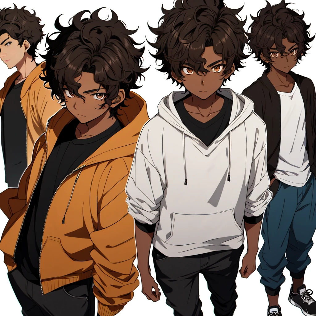 A (Boy) with a (2D anime style) is depicted, showcasing the features of a () with (dark brown skin color). His eyes, a warm (brown), are captivating, while his (black short curly hair) adds a playful charm to his overall appearance. Standing at an (average physical height of a 16 year old teenagereters, he radiates youthful energy. The image is rendered in a high resolution, making every detail visible, from his anime-inspired facial expressions to the texture of his (black short curly hair). The background is minimal, allowing the focus to remain on the