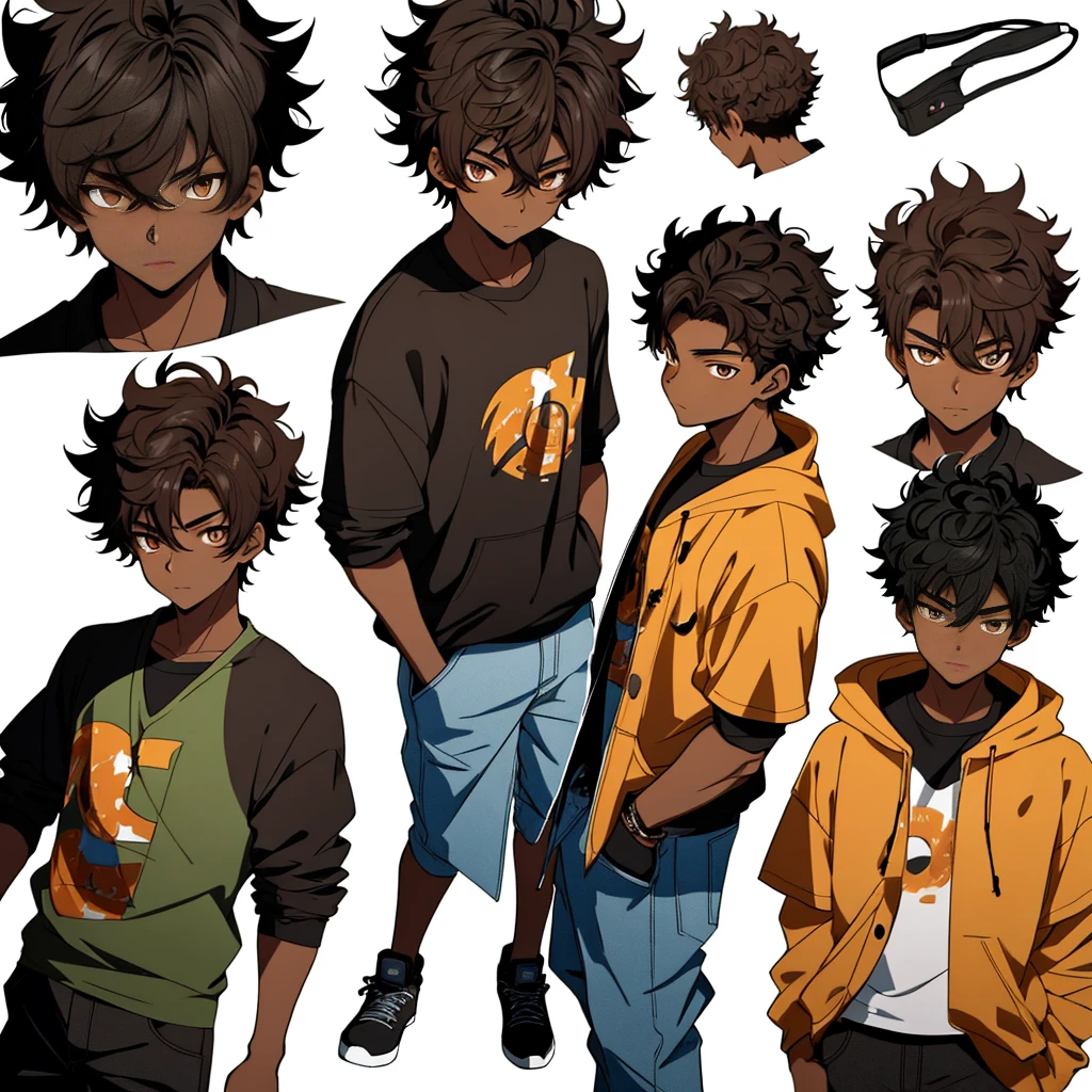 A (Boy) with a (2D anime style) is depicted, showcasing the features of a () with (dark brown skin color). His eyes, a warm (brown), are captivating, while his (black short curly hair) adds a playful charm to his overall appearance. Standing at an (average physical height of a 16 year old teenagereters, he radiates youthful energy. The image is rendered in a high resolution, making every detail visible, from his anime-inspired facial expressions to the texture of his (black short curly hair). The background is minimal, allowing the focus to remain on the