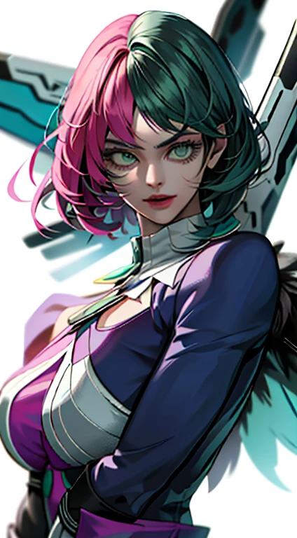 Alisa Rosto bonito, Perfect green symmetrical eyes, cabelo curto rosa multicor, mechanical wings, tekken