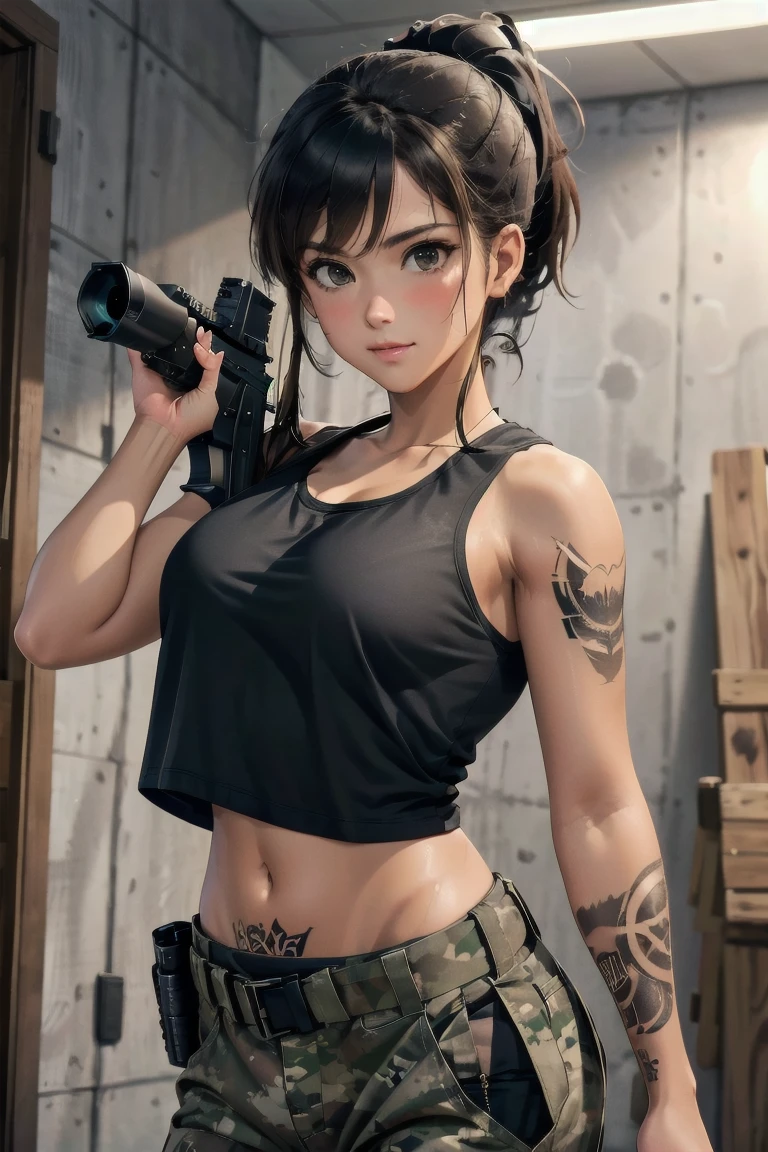 military girl, brown ponytail, black tshirt, baggy military camo pants, slim waist, best quality, indoor shooting range, practice, holding m4a1, sweating, after training, looking at viewer,tacticool, dwarfoil, Tattoos, holding colt 1911 in both hands pointed toward the sky, beautiful wood and steel colt 1911,
