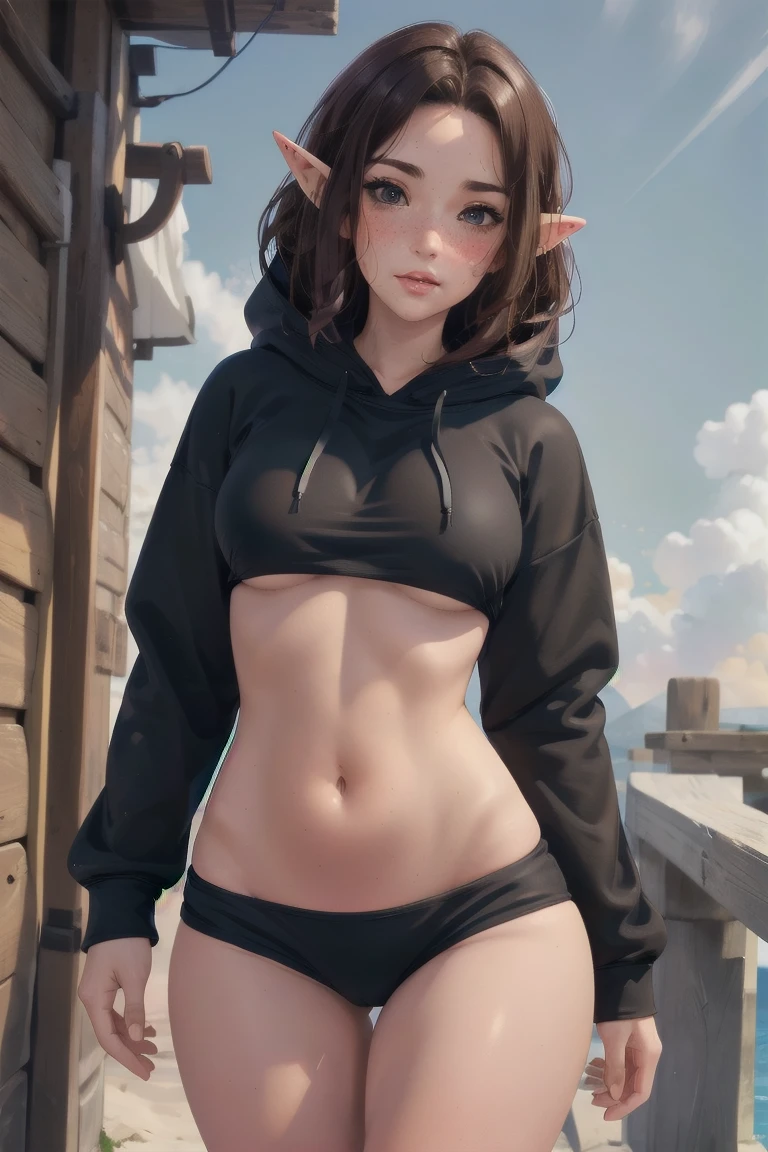 (elf girl), master piece, blushing, freckles, wide hips, slim waist, thick thighs, masterpiece, best quality, sfw, mature 36 year old woman, brown hair, moist face,  wavy hair, mouth open, shiny. lips, beutiful round eyes, cropped hoodie, thin panties, black hoodie, black panties, no pants, bikini bottom