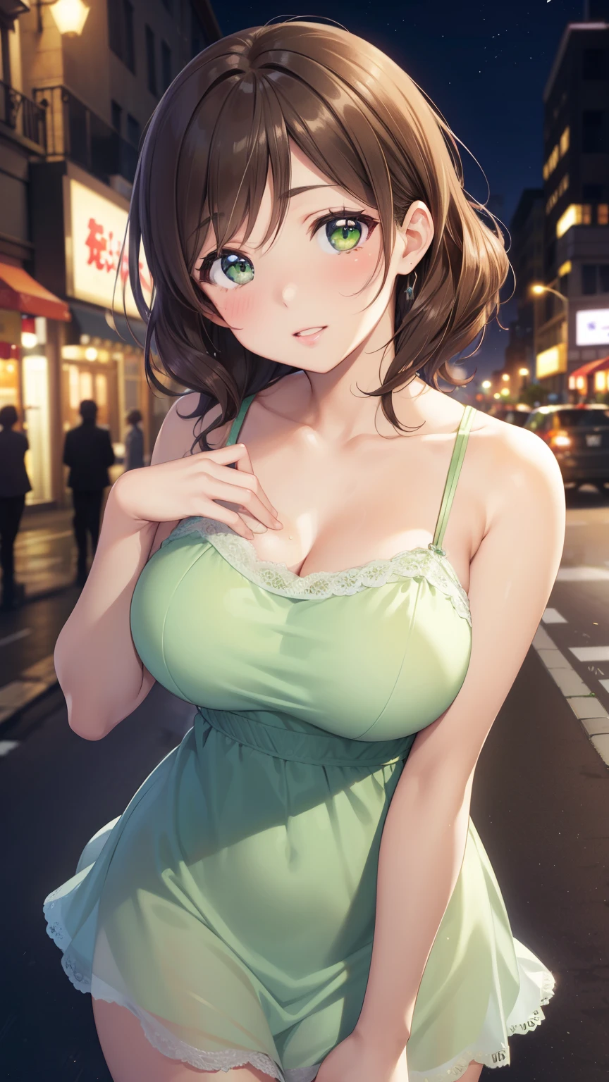 nozomitoujou, nozomi toujou, green eyes, brown hair, short curly hair, large breasts, masterpiece, best quality, high resolution, beautiful detailed eyes, extremely detailed face, good lighting, detailed CG, messy hair, glossy lips, city street, night, neon lights, short dress