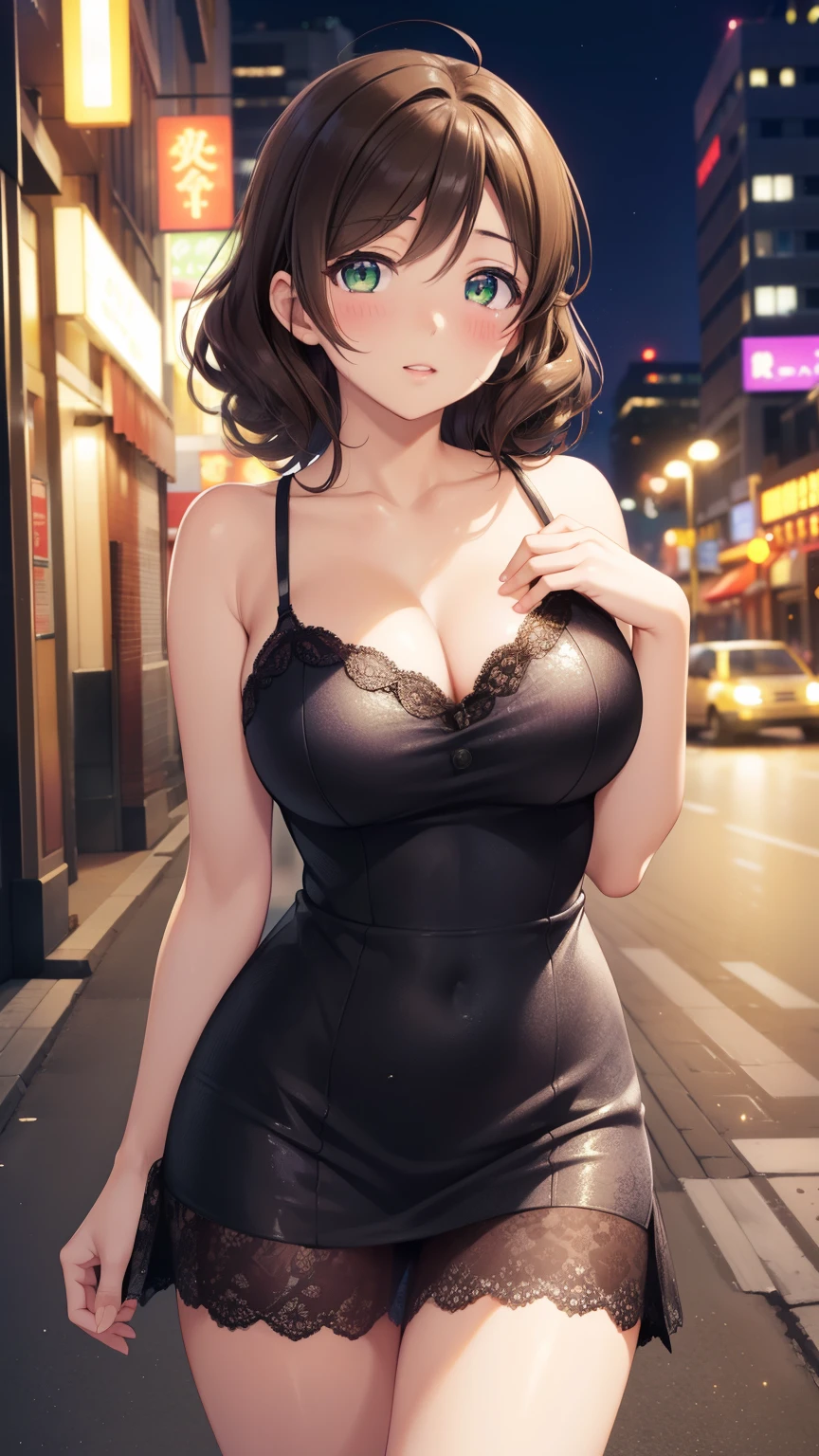 nozomitoujou, nozomi toujou, green eyes, brown hair, short curly hair, large breasts, masterpiece, best quality, high resolution, beautiful detailed eyes, extremely detailed face, good lighting, detailed CG, messy hair, glossy lips, city street, night, neon lights, short dress