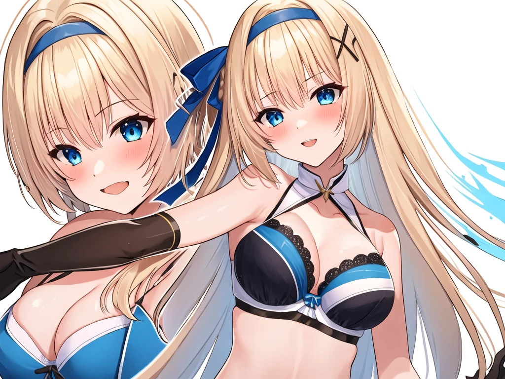 (masterpiece, best quality:1.2), 1girl, solo, blond hair, blue hairband, blue hair ribbon on the left, white-blue bra, black gloves, knight skirt, Solid color background
