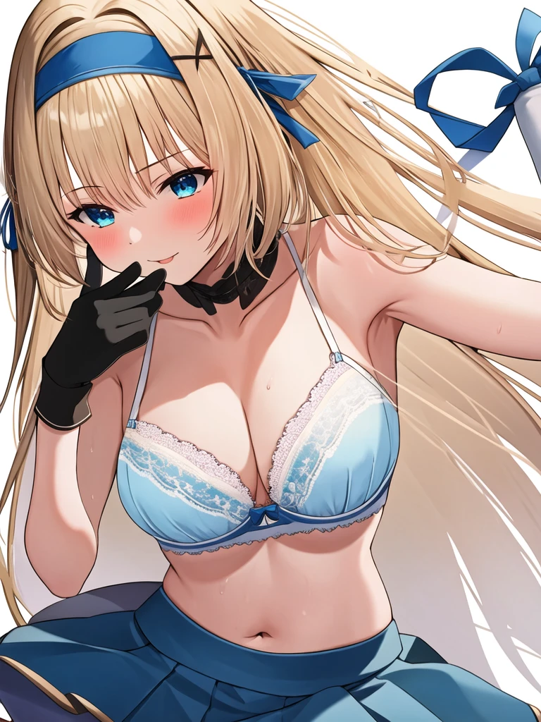 (masterpiece, best quality:1.2), 1girl, solo, blond hair, blue hairband, blue hair ribbon on the left, white-blue bra, black gloves, knight skirt, Solid color background
