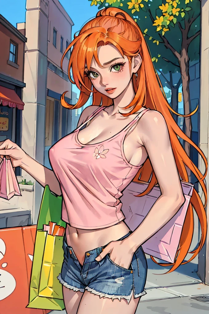 ((orange hair)), green eyes, long half-up hair, bust, ((full lips)), ((masterpiece)), ((detailed)), ((pink camisole)), ((open jean shorts)), ((best quality)), ((outside shopping)), big breasts, ((bright)), (pretty eyes), looking at viewer