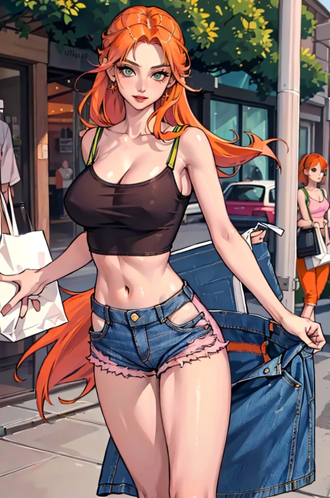 ((orange hair)), green eyes, long half-up hair, bust, ((full lips)), ((masterpiece)), ((detailed)), ((pink camisole)), ((open jean shorts)), ((best quality)), ((outside shopping)), big breasts, ((bright)), (pretty eyes), looking at viewer