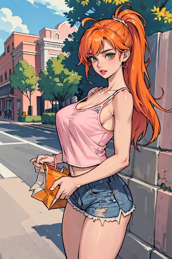 ((orange hair)), green eyes, long half-up hair, bust, ((full lips)), ((masterpiece)), ((detailed)), ((pink camisole)), ((open jean shorts)), ((best quality)), ((outside shopping)), big breasts, ((bright)), (pretty eyes), looking at viewer