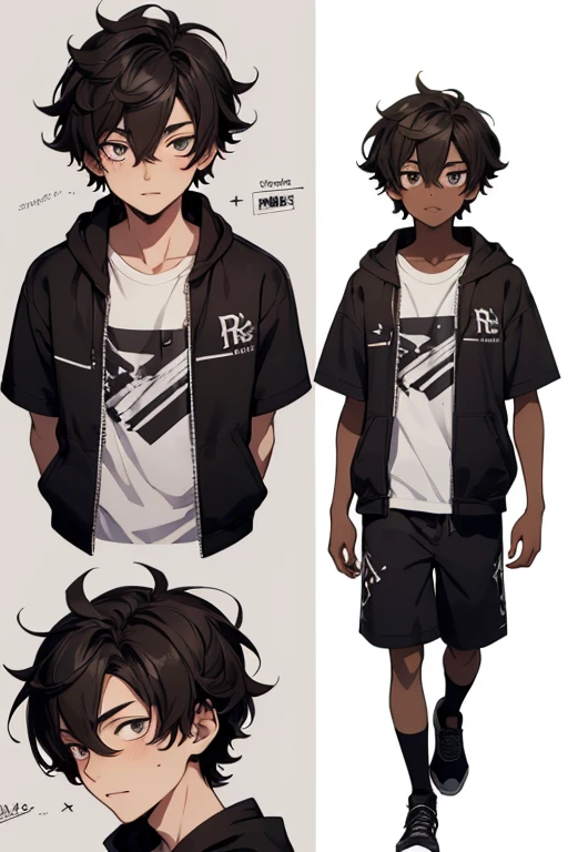 A (Boy) with a (2D anime style) is depicted, showcasing the features of a (16 year old teenager) with (dark brown skin color). His eyes, a warm (brown), are captivating, while his (black short curly hair) adds a playful charm to his overall appearance. Standing at an (average physical height of a 16 year old teenager) of 1.80 meters, he radiates youthful energy. The image is rendered in a high resolution, making every detail visible, from his anime-inspired facial expressions to the texture of his (black short curly hair). The background is minimal, allowing the focus to remain on the
