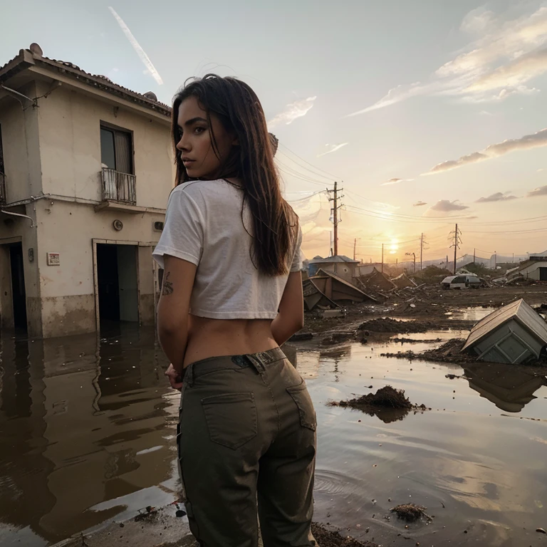 Young 19 year old woman with her back to the reddish sunset, com roupa suja, todas as roupas um pouco rasgadas, with pants, com blusa, in the apocalyptic flood that devastates and punishes the city. A enchente varrendo tudo o que encontra, a lama, o barro. Everything around in the city is dirty with mud. A cidade, as casas, the cars were swept by the mud, the water is in the houses and in the young man. Dirt and destruction plague the place. A magnificent sky. The divine tattoo is on the young man's back. The young woman is injured. An angel of God in heaven. Alguns entulhos bloqueiam a passagem das estradas. Bright clouds in the sky with a beautiful sun.