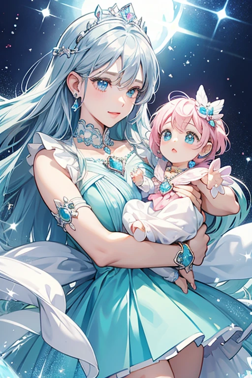 Labra's Jewel Charm is egg-shaped and colored baby blue. The top has a pink heart-shaped jewel, the bottom has smaller similar gems and there's a silver ring spacing between them. It also has white gold trimmings. SPARKLE; GLITTER