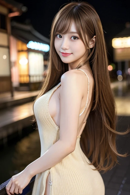 masterpiece、1 beautiful girl、Detailed eyes、Puffy eyes、highest quality, 超A high resolution, (Reality: 1.4), Cinema Lighting、Japanese、Asian Beauty、Super Beauty、Beautiful Skin、Slender、Body facing forward、(Surreal)、(High resolution)、(8k)、(Very detailed)、(Beautiful and detailed eyes)、(Ultra-detailed)、 (wallpaper)、Detailed face、Bright lighting、Professional Lighting、View your viewers、Look straight ahead、(The costume is a knit dress)、Long Hair, Golden Hair,My hair is messy, Asymmetrical bangs, 、Night Scenery、Brown Hair、Japan is an idol、Korean Idol、Gravure idol pose、、19 years old、Blonde、smile、