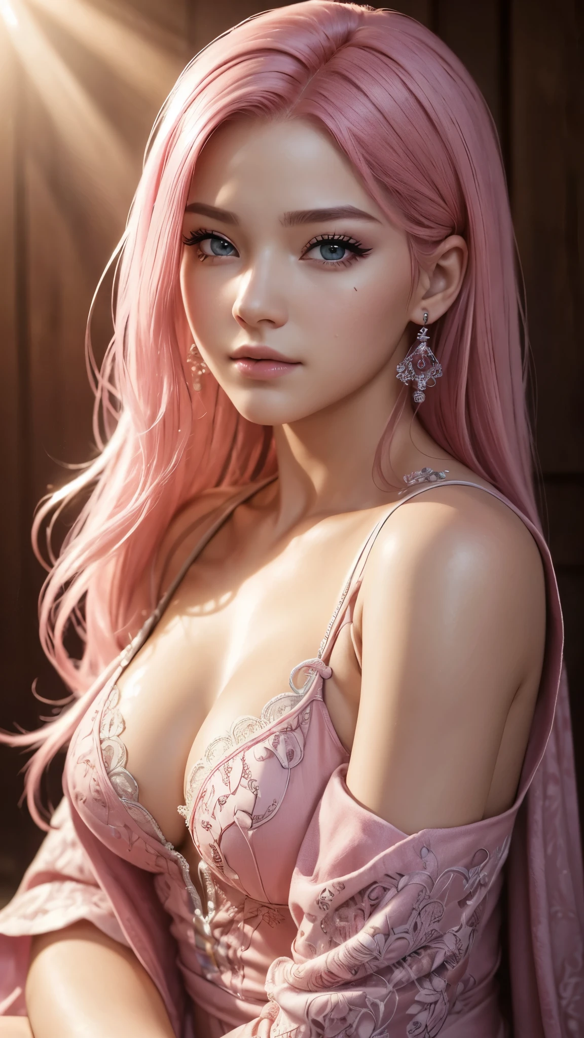 ((best quality)), ((ultra res)), ((photorealistic:1.4)), (intricate details), , pink hair, perfect face, make up :1.5, light on face, face detail.