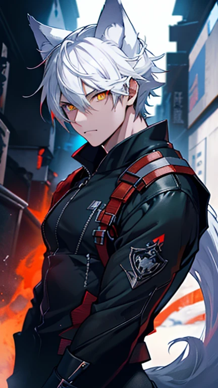 male anime character,Heterochromia iridis,Yellow Eyes, Fiery red eyes, Silver Hair, Tip of a long blue hourglass , Black and white clothes, male  ,Wolf Ears,Upper body only,(Absurd, High resolution, Very detailed), masterpiece, highest quality, True Light and Shadow, One end, Snow-white wolf、silverwolf,beast,Wolf Ears, short hair,male, Wolf Appearance,Big eyes, Detailed face, Fine grain,Wearing a suit, Glowing orange eyes、Combustible materials,Let your eyes create magic、One eye that emits a transparent red aura、Magic that makes your eyes burn with flames, clear, Shining Eyes, Not dark,green空の背景,boost mood,, 澄んだYellow Eyes, green,beast王国王子,Anime characters,remove,Shoot from below,