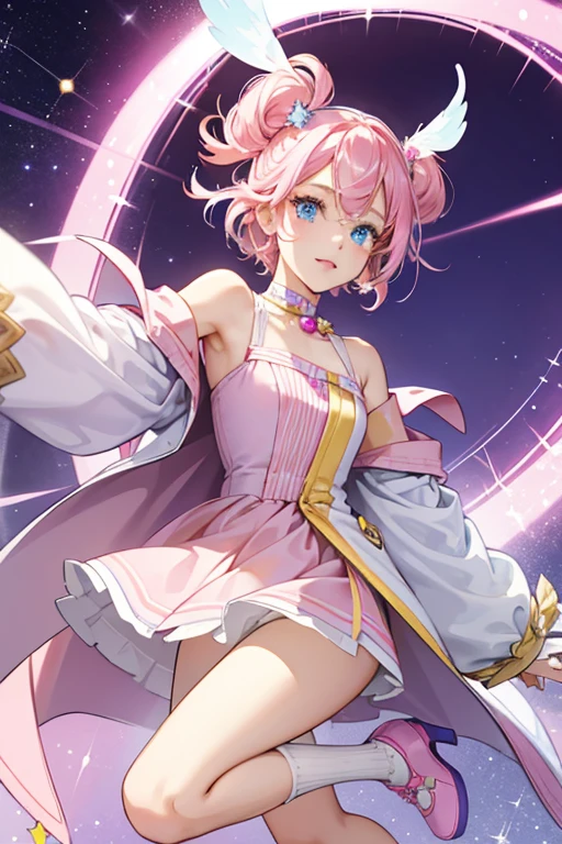 Labra appears  with blue eyes and a lively face, has short pink hair, and with the appearance of her pink ears. She wears a pink dress and yellow with two tassels of purple and a coat of white to the blue collar in the center, shaped like Saturn. She also has white socks and white and pink shoes. SPARKLE; GLITTER