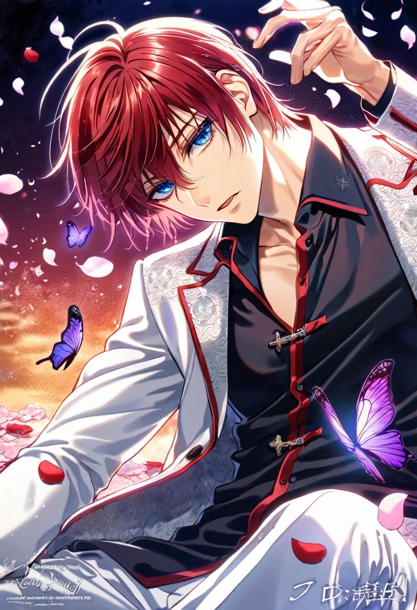 absurdres, highres, ultra detailed, HDR, master piece, best quality, Senri Shiki, red hair, short hair, expressive blue eyes, Vampire Knight, solo, sexy man, handsome, toned chest, white jacket, black shirt, patterns, white pants, sitting, vampire knight uniform, cross, purple butterflies, petals, magical