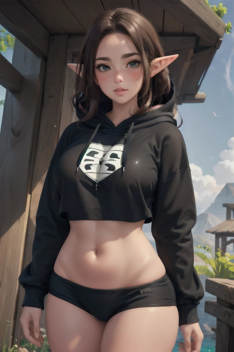 (elf girl), master piece, blushing, freckles, wide hips, slim waist, thick thighs, masterpiece, best quality, sfw, mature 36 year old woman, brown hair, moist face,  wavy hair, mouth open, shiny. lips, beutiful round eyes, cropped hoodie, black hoodie, black underwater, no pants, bikini bottom slingshot underwear, large hoodie, thick hoodie