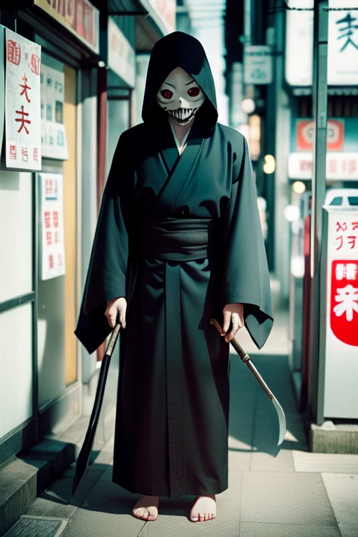 yokai, a Black Grim Reaper, black robe, holding scythe, standing in convenience store, 