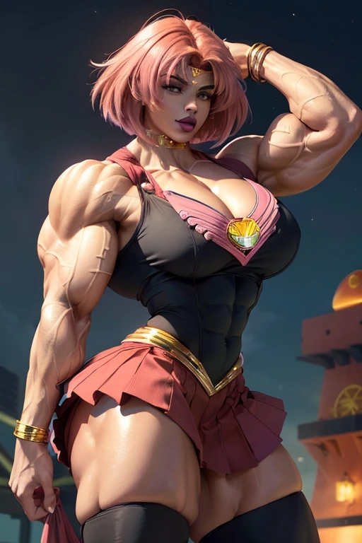 ((((Massive, tall, beautiful, buff, light brown skinned muscular woman with shocking pink hair, black lipstick, ginormous bulky muscles and wearing a red mechanized sailor moon suit and skirt)))), (close view), massive muscles, massive biceps, hyper muscle triceps, (angled bob cut), red eyes, black tiara, sailor moon boots, fire, red aura, Mars, night time, smirk, hyper muscles arms, hyper muscle legs, (massive arms)