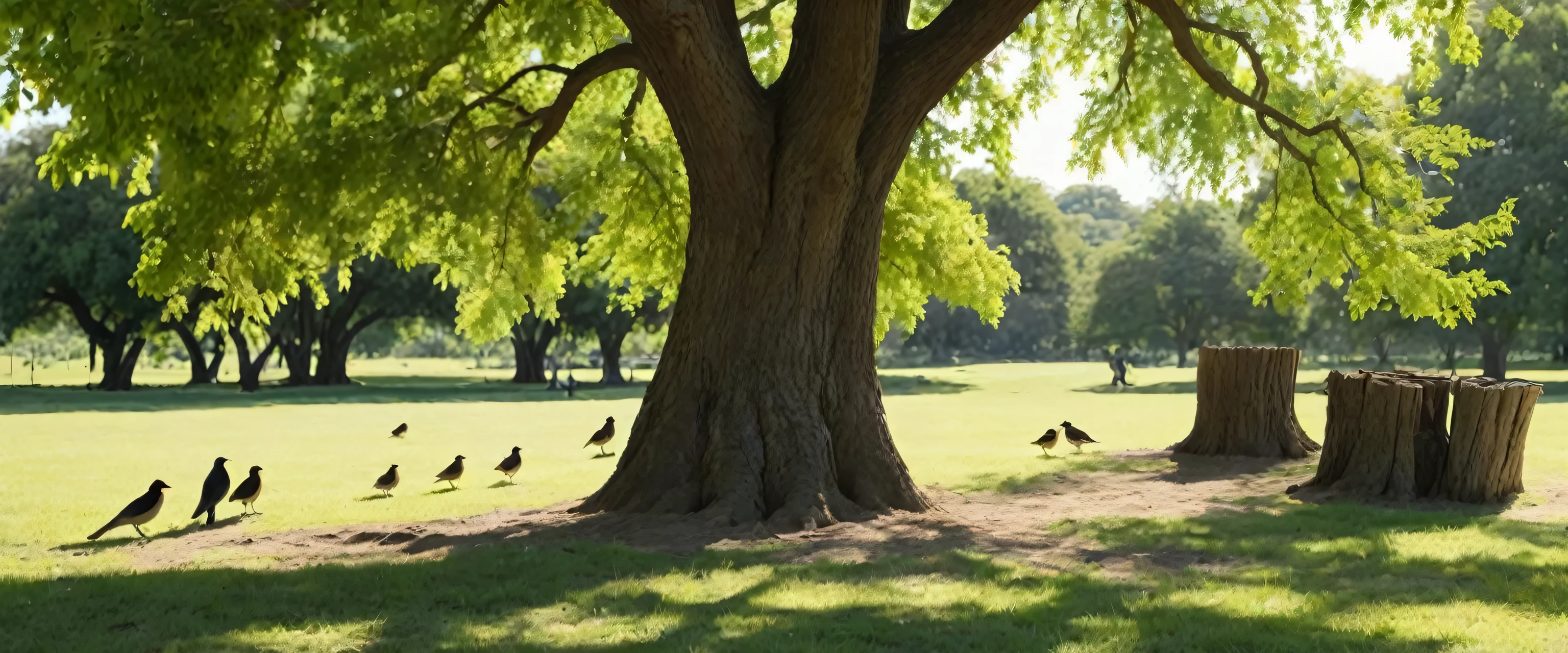 creates birds shading themselves under the shade of a tree on a sunny day