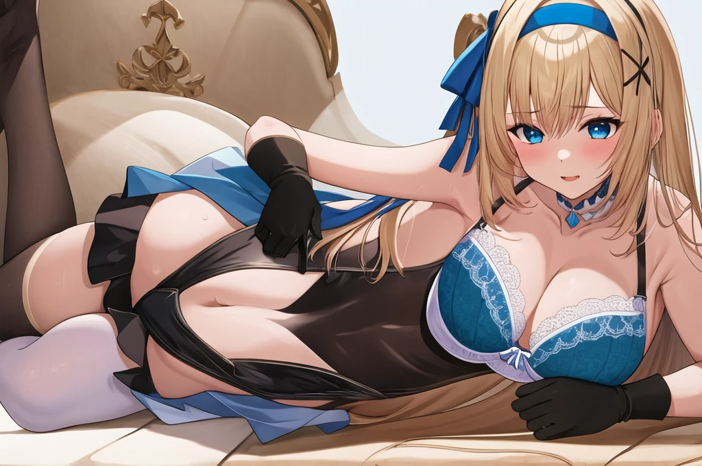 (masterpiece, best quality:1.2), 1girl, solo, blond hair, blue hairband, blue hair ribbon on the left, white-blue bra, black gloves, knight skirt, Solid color background