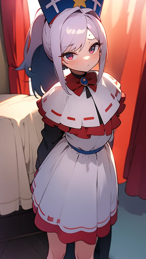 adulto, Cabello negro ondulado, mirada penetrante con ojos profundos de color rojo, estatura promedio, Silky hair with a ponytail hairstyle collected with a red bow with two white lines, tiene pechos grandes, primer plano, session, standing in the middle of his room [[[[Maga]]] , Sonrojada, NSFW, muslos grandes, Maga, hechicera, capa de maga, ropa de maga, sombrero de maga, MAGA DE ANIME, anime 