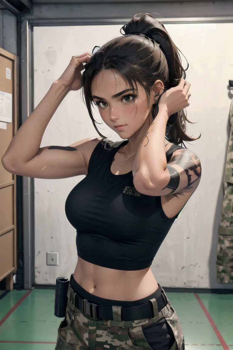 military girl, brown ponytail, black tshirt, baggy military camo pants, slim waist, best quality, indoor shooting range, practice, holding m4a1, sweating, after training, looking at viewer,tacticool, dwarfoil, Tattoos, arms up hands on head