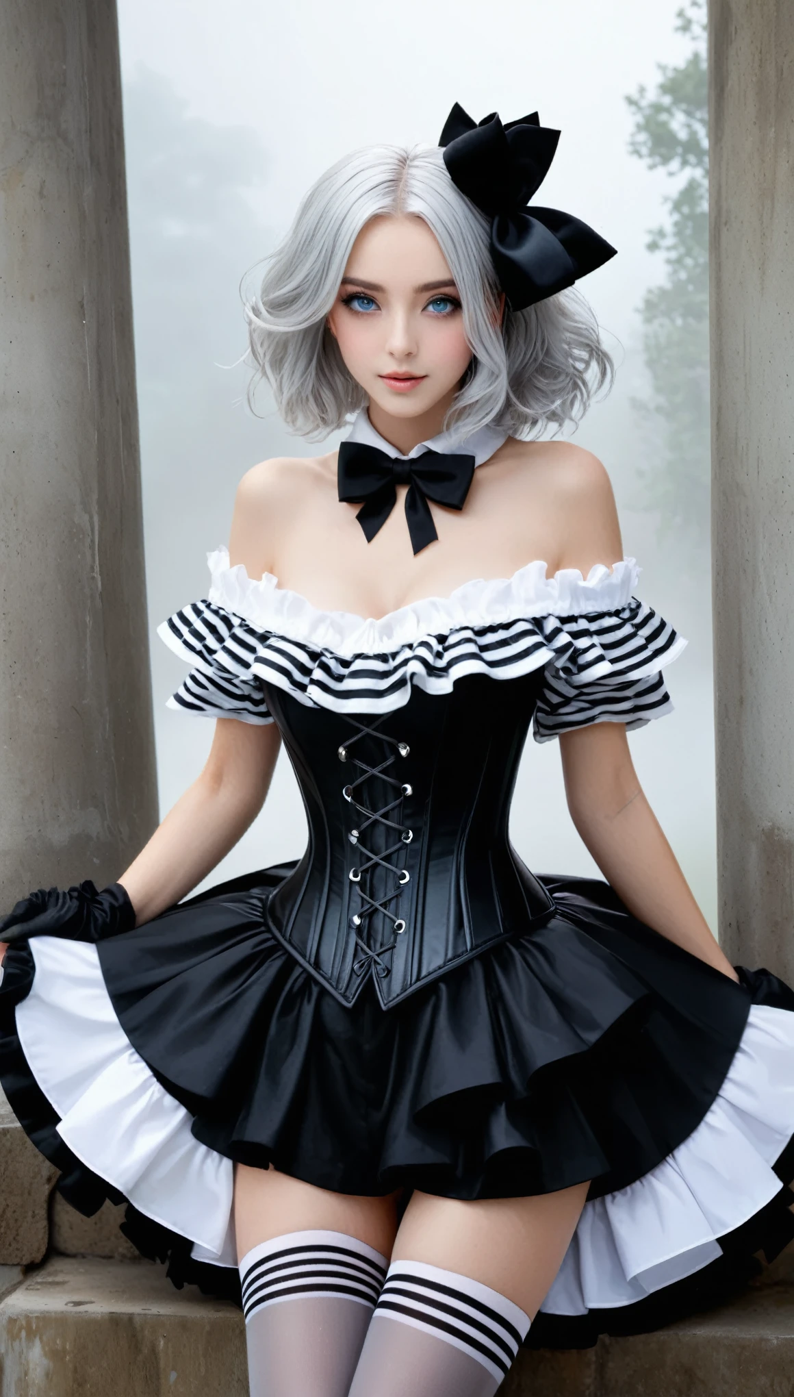 (masterpiece, Best Quality, hyper Detailed, hyper Realistic luna girl:1.3), BREAK beautiful Pretty Japanese ig model, glamorous body, Happy, render of april, (all body shot, active pose:1.2), BREAK (Detailed wear, all body wear:1.2), Monochrome Pierrot Costume,
Opt for a fitted corset bodice with black and white diamond patterns, accentuating the waist, Layer with a ruffled, off-the-shoulder blouse in contrasting black and white hues, adorned with oversized bows for a whimsical touch,
BREAK
Pair with high-waisted black pants, featuring exaggerated ruffles or pleats for added volume and drama,
Accessorize with black and white striped stockings or tights, and patent leather ankle boots with oversized buckles for a modern twist on classic clown footwear, arranged gray hair, BREAK (Detailed medium breasts, Detailed bodyline, Detailed legs and calves), (very slim waist, firm large breasts, large buttocks, beautiful sexy legs:1.3), White and beautiful Silky skin, thin and short neck, (small head, small face), BREAK small head, Detailed face, cute and Pretty (slim oval shape face), Duck mouth, perfectly aligned teet, perfect beautiful Tooth, blue eyes, half open eyes, shiny Droopy eyes, gray hair, looking other, (in a concrete, fog, mist, steem),(nsfw),