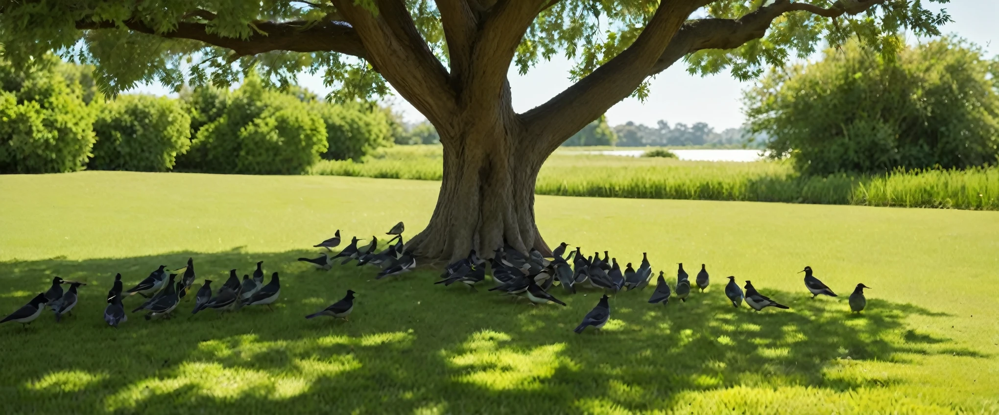 creates birds shading themselves under the shade of a tree on a sunny day