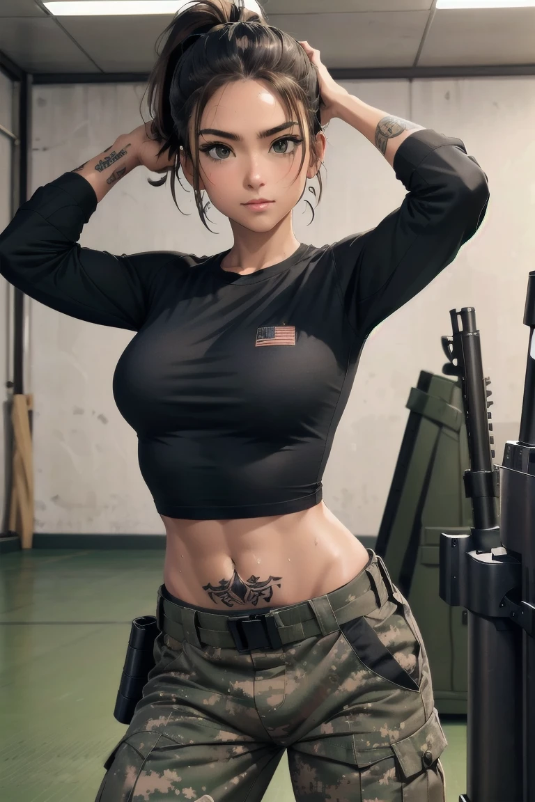 military girl, brown ponytail, black tshirt, baggy military camo pants, slim waist, best quality, indoor shooting range, practice, holding m4a1, sweating, after training, looking at viewer,tacticool, dwarfoil, Tattoos, arms up hands on head