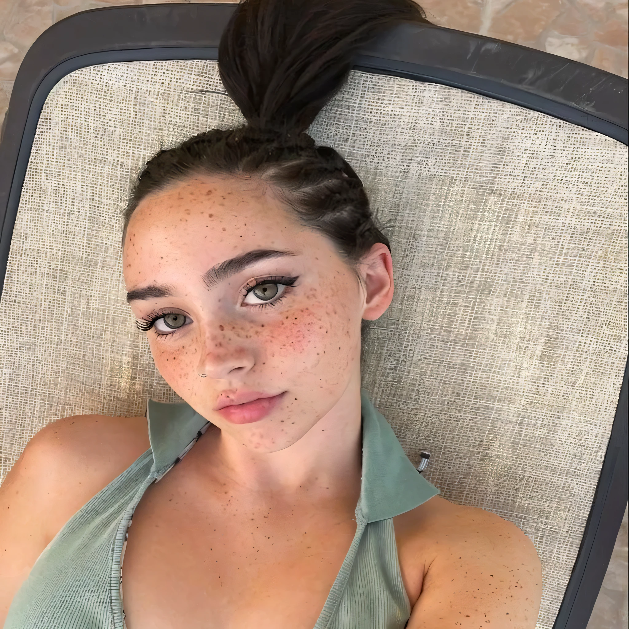 arafed woman with pecas sitting in a chair with a green top, cute pecas, with pecas, Kailee Mandel, pecoso face, white pecas, small pecas, pecoso, dilraba dilmurat, soft pecas, acostado, hint of pecas, sin maquillaje, sparse pecas, ellie victoria gale, pecas