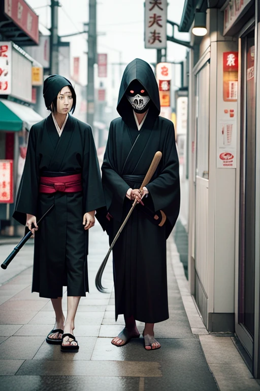 yokai, a Black Grim Reaper, black robe, holding scythe, standing in convenience store, 