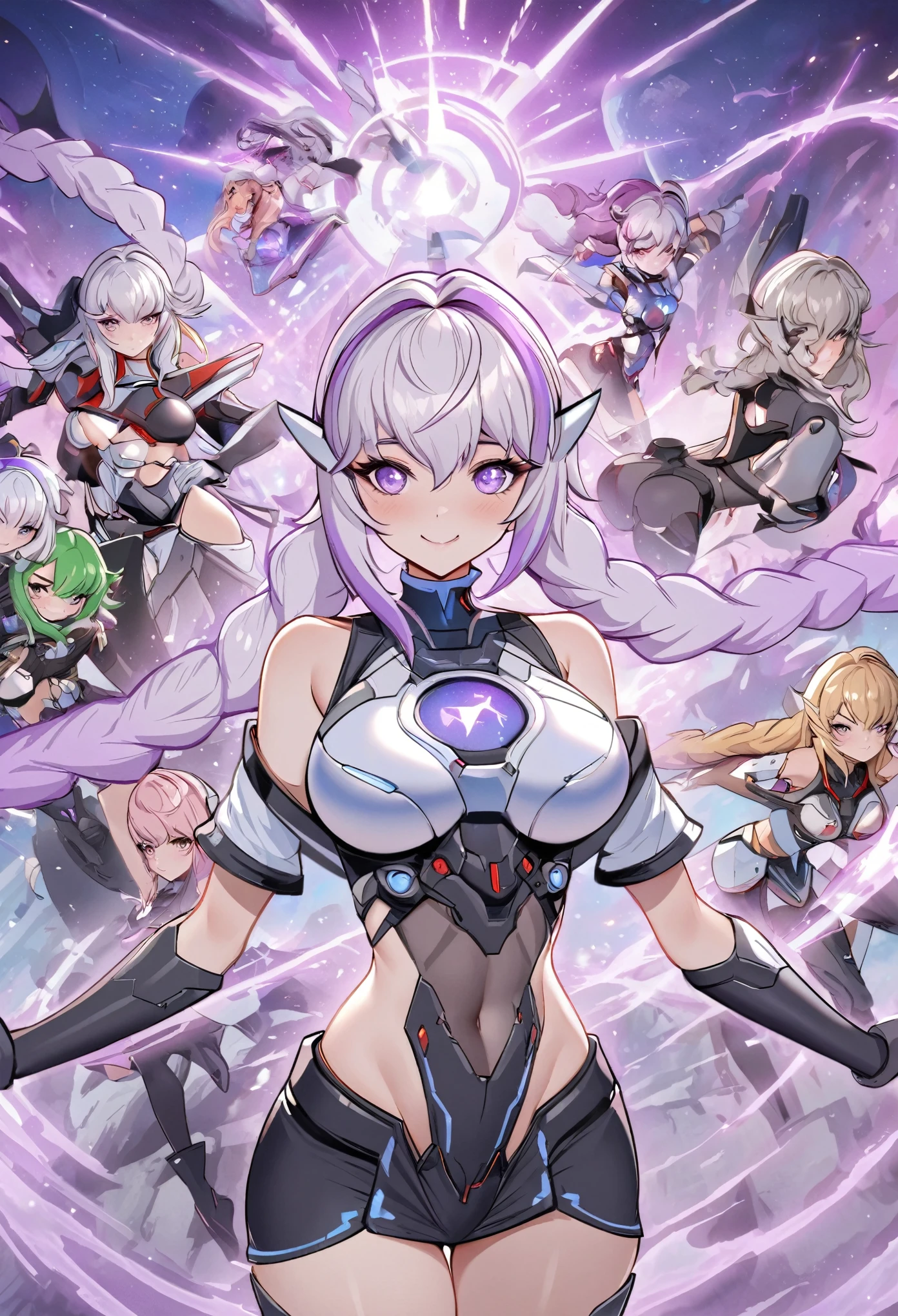 (Obra de arte, melhor qualidade, extremamente detalhado), bright purple amethyst sunburst lighting, terra lunar, nave espacial, estrelas,( cabelo longo cruzado de branco roxo) space a girl and two shepherd dogs, mulher corpo inteiro magra tronco 1.2, pequenos seios femininos, rosto delicado e perfeito feminino, aeronaves futuristas