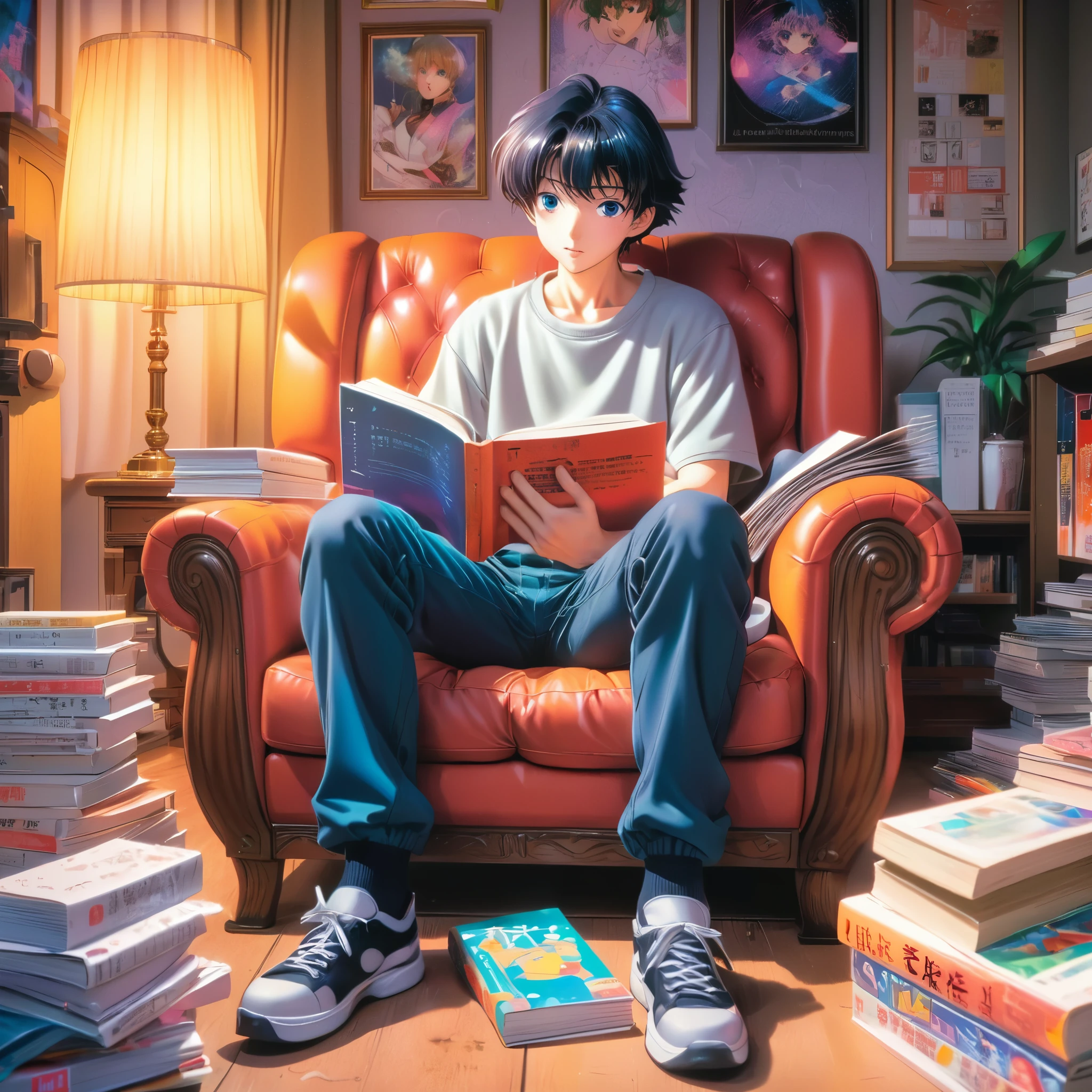 There is a man sitting on a chair with a book, 90s anime style, retro anime aesthetic, 3D anime image, 90s anime style, 90s anime aesthetic, (retro, vintage) anime illustration, vibrant colors, detailed facial features, dynamic pose, (nostalgic, throwback) anime, glowing eyes, (nostalgic, throwback) anime scene, (nostalgic, throwback) anime background, intricate background elements, soft lighting, (nostalgic, throwback) anime character design, (nostalgic, throwback) anime clothing, artful shading, (nostalgic, throwback) anime composition, nostalgic color palette, (nostalgic, throwback) anime nostalgia. (best quality, 4k, 8k, highres, masterpiece:1.2), ultra-detailed, realistic, (photorealistic, photo-realistic:1.37), HDR, UHD, studio lighting, ultra-fine painting, sharp focus, physically-based rendering, extreme detail description, professional, vivid colors, bokeh.