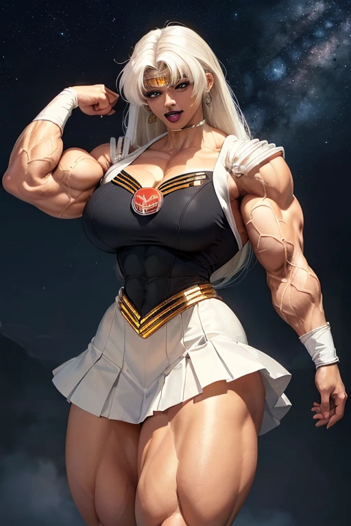 ((((Massive, tall, beautiful, buff, light brown skinned muscular woman with white hair, black lipstick, ginormous bulky muscles and wearing a white mechanized sailor moon suit and skirt)))), (close view), (massive muscles), massive biceps, hyper muscle triceps, (long straight hair), blue eyes, white tiara, sailor moon boots, thunder, Space, night time, hyper muscles arms, hyper muscle legs, massive arms
