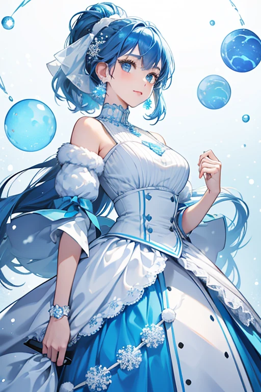 girl with shoulder-length blue hair and a light blue and white winter dress. She also has two big white pompoms for her earrings. The spherical accents around her waist are of different shades of blue, which will later be adorned with a snowflake accessory. SPARKLE; GLITTER