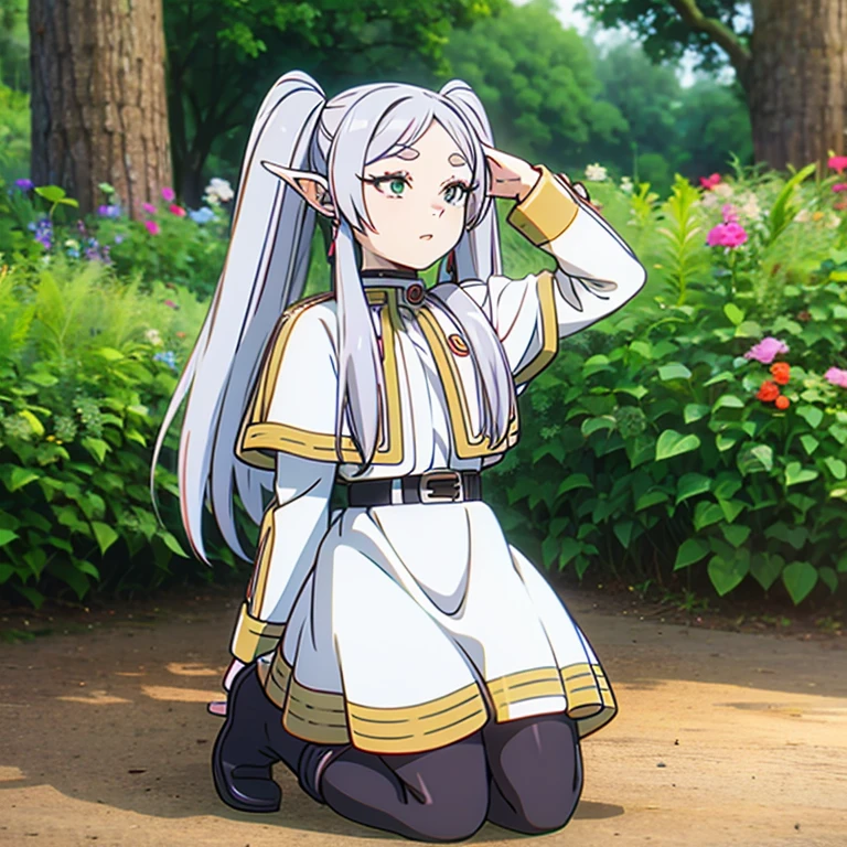 A woman in a dress kneeling on the ground, Long Hair, blush, bangs, Long sleeve, Twin tails, Green Eyes, teeth, flower, Gray Hair, pantyhose, Earrings, boots, Outdoor, Lips parted, Day, Pointed Ears, belt, White Dress, wood, black pantyhose, Capelet, Brown footwear, knee boots, grteeth, Fairy, nature, forest, white Capelet,Her skirt is flipped up,