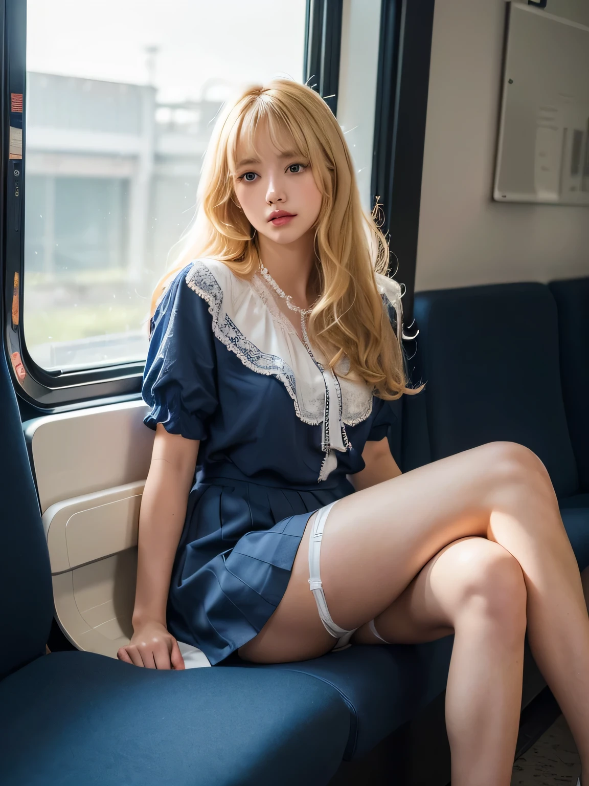 8K、Photo image masterpiece、highest quality、Super-resolution、Low angle view from the feet、Voyeur、Beautiful woman with golden, messy curly hair、((Blonde beauty))、With bangs、Impossibly cute face、And slim、Small 、High resolution、masterpiece、Exquisite Function 、Delicate eyes、Delicate blonde hair、8K quality、Pale light and shadow、Dindal effect、Blond hair blown by the wind、With bangs、Random Hairstyles、((A photo from the delicate feet)、(Detailed RAW Photos of Girls)、(Tabletop:1.25)、 (Highest quality:1.6)、(超High resolution:1.5)、(Real:1.75)、8K resolution、 (RAW Photos:1.2)、(Realistic:1.4)、Beautiful detailed woman、Very narrow waist、Very detailed eyes and face、Beautiful fine details, Ridiculous、Large file size、Very detailed、High resolution、highest quality、masterpiece、((A light navy blue summer blouse and a white skirt))、Very detailed、CG、Unified、8k wallpaper、wonderful、The finer detailasterpiece、highest quality、 Light on the face、Cinema Lighting、One 23 year old woman、((Inside a crowded train、Strong wind from the window in the car、Woman sitting in the front seat of a train、Men on both sides、The man on the right touches her thigh.、The man on the left is touching her breastss are closed、Legs do not open、Wearing high heels、sunglasses、White Stockings、garter belt、Lighting from below、The inside of the skirt is also clearly visible.、Liked images、Voyeur: T-back panties of ranors and shapes peeking out from under a skirt、See-through thong panties、))