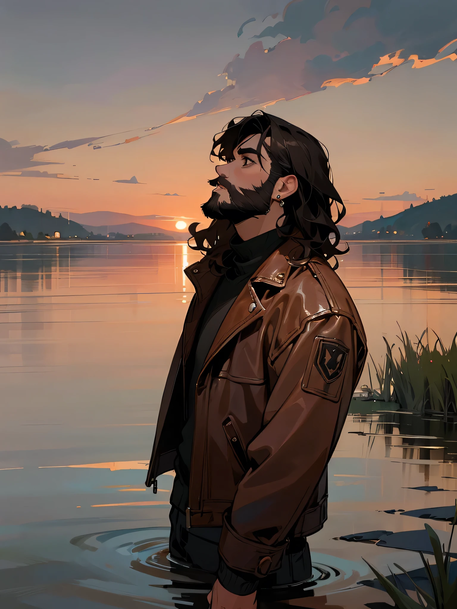 Mature, wearing brown leather jacket, in the middle of a lake, looking up, melancholic, short wavy black hair, beard, earrings