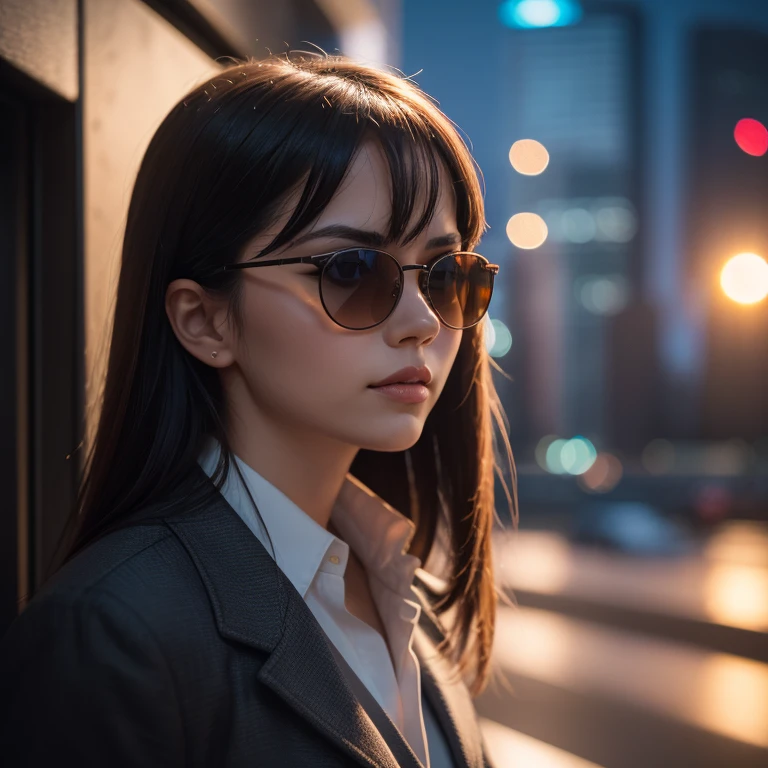 close up woman,sun glasses,night megapolis,reflection of the сity in glasses,dynamic angle, cinematic still, RAW photo, Focus Stacking,high quality,dense light,hard shadows, film grain,hdr.