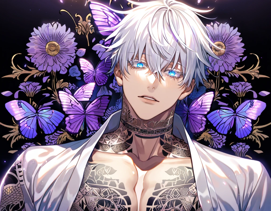 Ultra detailed, Highres, absurdres, HDR, Gojo Satoru, white hair with bangs, expressive blue eyes, hair between the eyes, white eyelashes, black coat with patterns, Jujutsu Kaisen, white shirt, cross, glittering purple butterflies, petals, handsome, sexy man, solo, very detailed eyes and face, master piece, toned chest, glittering, purple flowers, tattoo on his neck