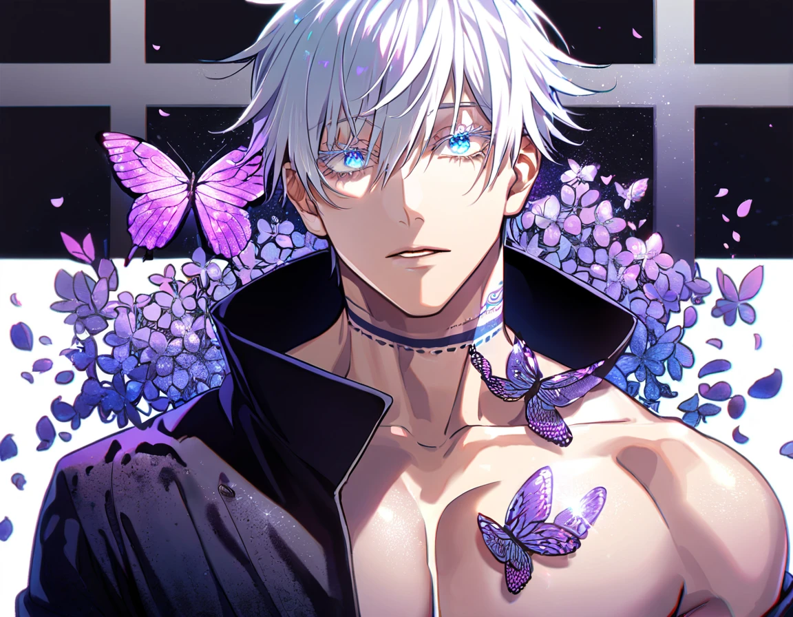 Ultra detailed, Highres, absurdres, HDR, Gojo Satoru, white hair with bangs, expressive blue eyes, hair between the eyes, white eyelashes, black coat with patterns, Jujutsu Kaisen, white shirt, cross, glittering purple butterflies, petals, handsome, sexy man, solo, very detailed eyes and face, master piece, toned chest, glittering, purple flowers, tattoo on his neck